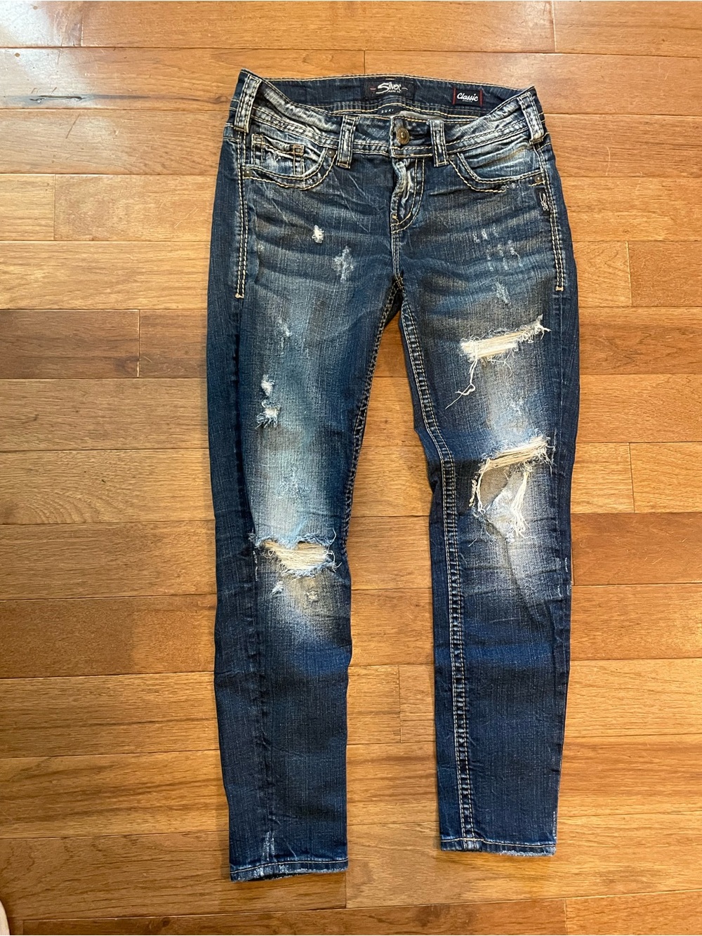 Silver Jeans Distressed Dark Blue Skinny Jeans